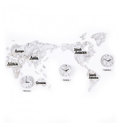 Dekoracija su pasaulio žemėlapiu ir laikrodžiais